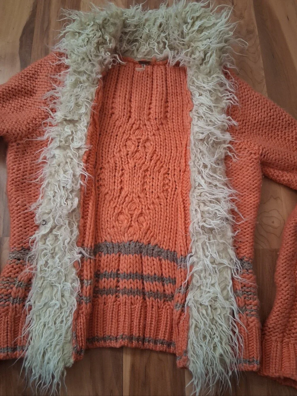 Free People Coral Knit Cardigan with Cream Faux-Fur Trim